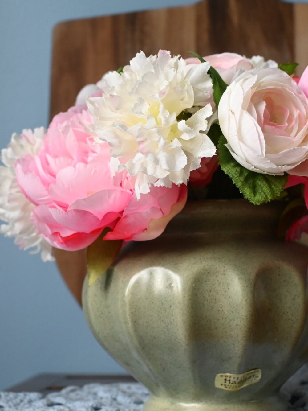 VTG Haeger Pottery Vase Foil Sticker With Faux Peony Floral Arrangement